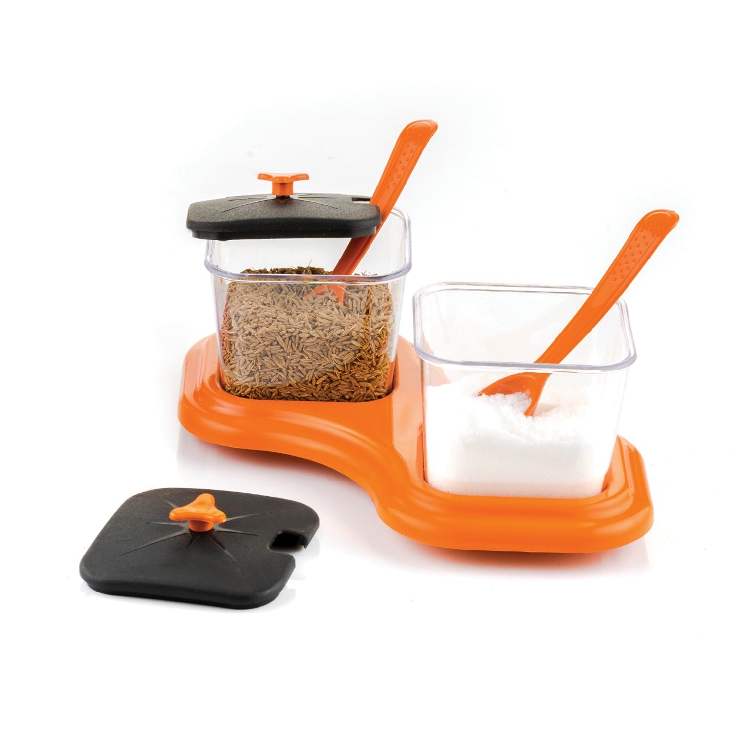 2 pcs Pickle Jar Spice Tray Kitchen Organizer - Market FindsMarket Finds2 pcs pickle jar spice tray set with orange base, clear containers, black lid, and orange spoons for kitchen use