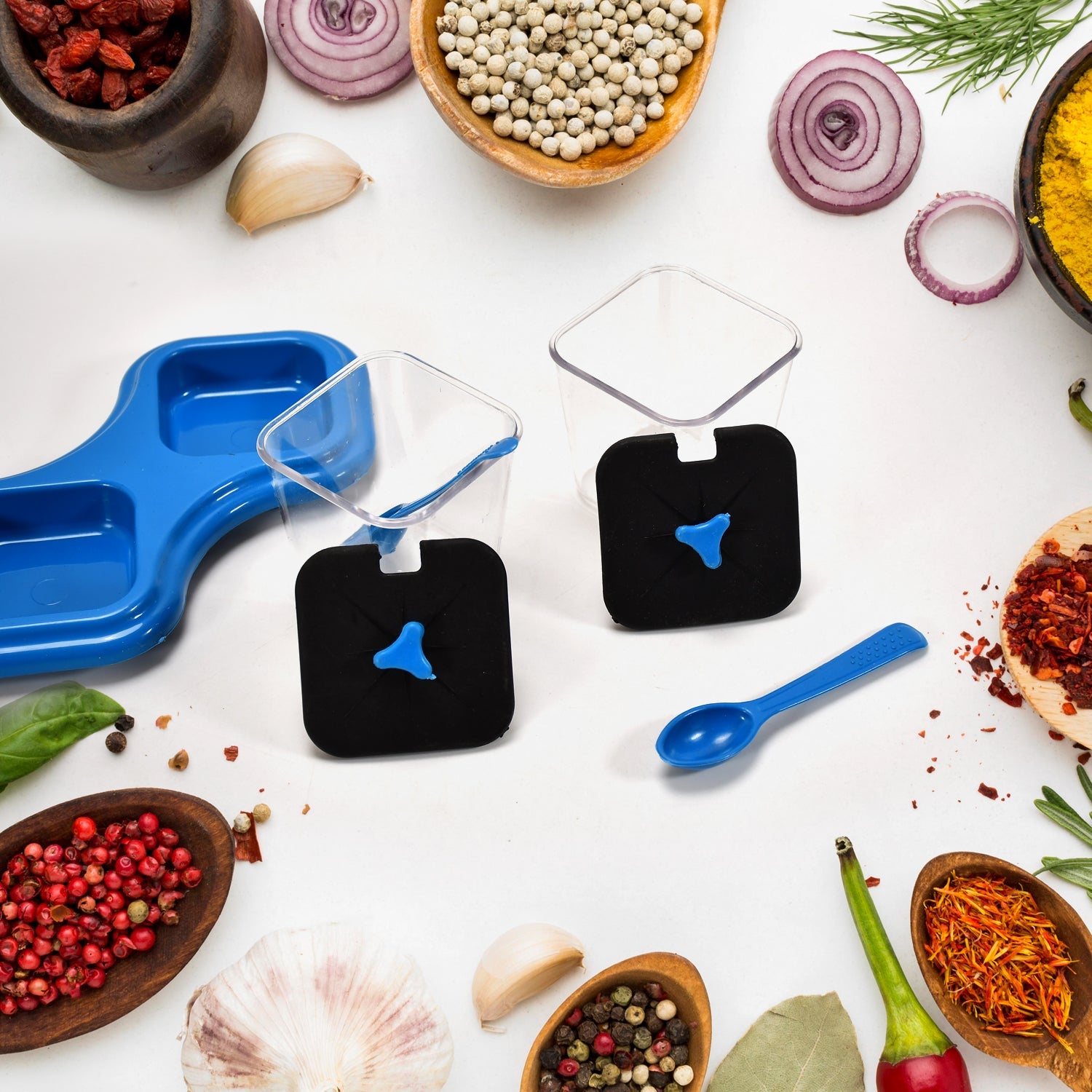 2 pcs Pickle Jar Spice Tray Kitchen Organizer - Market FindsMarket Finds2 pcs pickle jar spice tray set with blue lids and spoon for kitchen storage