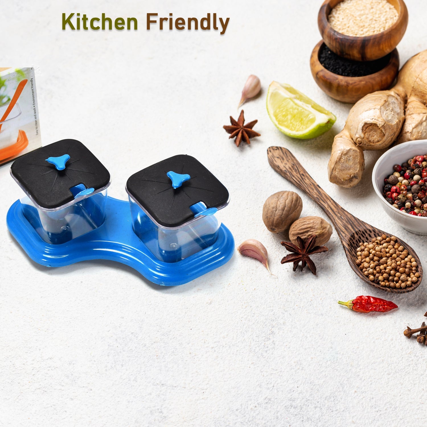 2 pcs Pickle Jar Spice Tray Kitchen Organizer - Market FindsMarket Finds2 pcs pickle jar spice tray with blue base and black lids next to various spices and lemon wedge