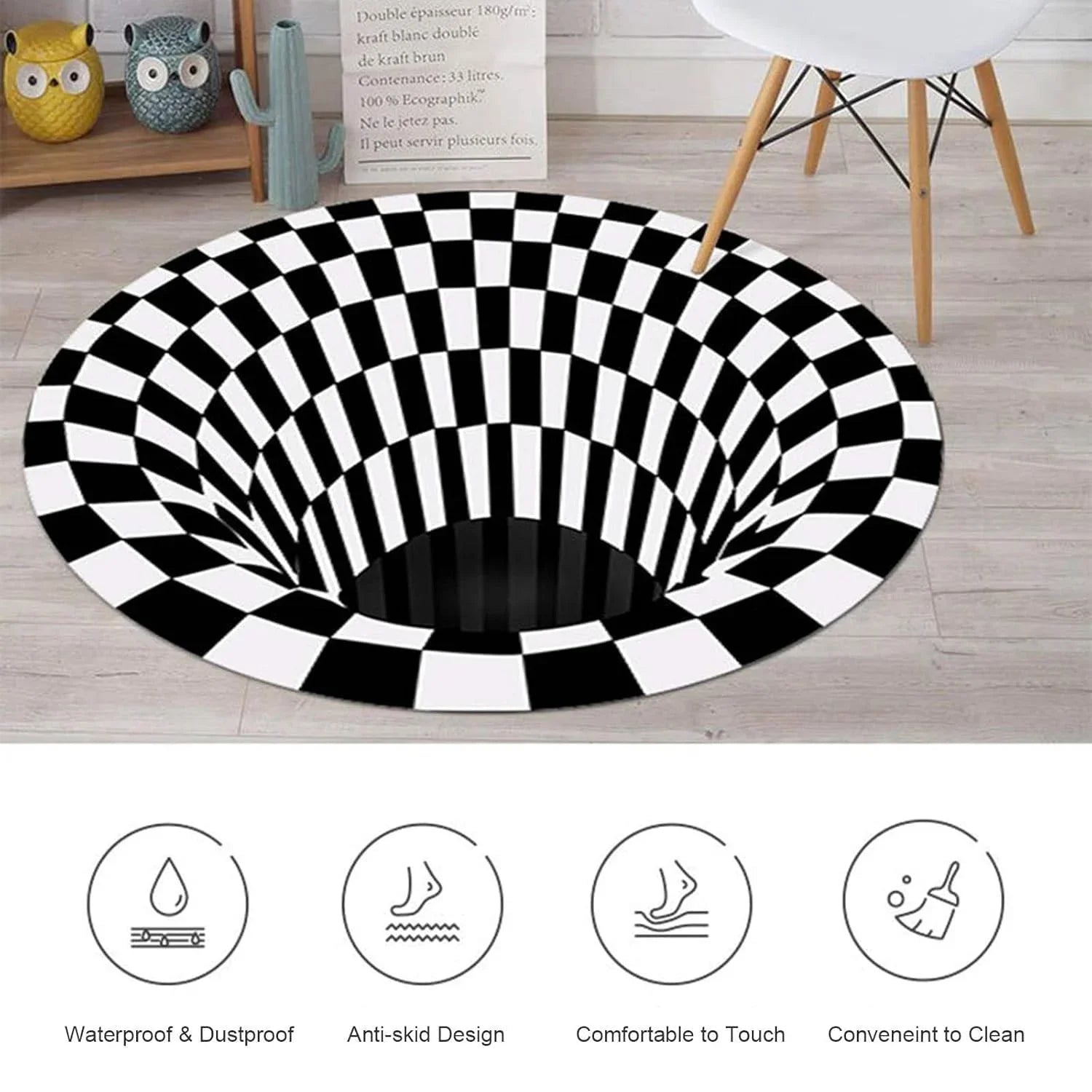 3d Illusion Round Carpet Black White Checkered - Market FindsMarket Finds3d illusion round carpet with black and white checkered vortex design on wooden floor