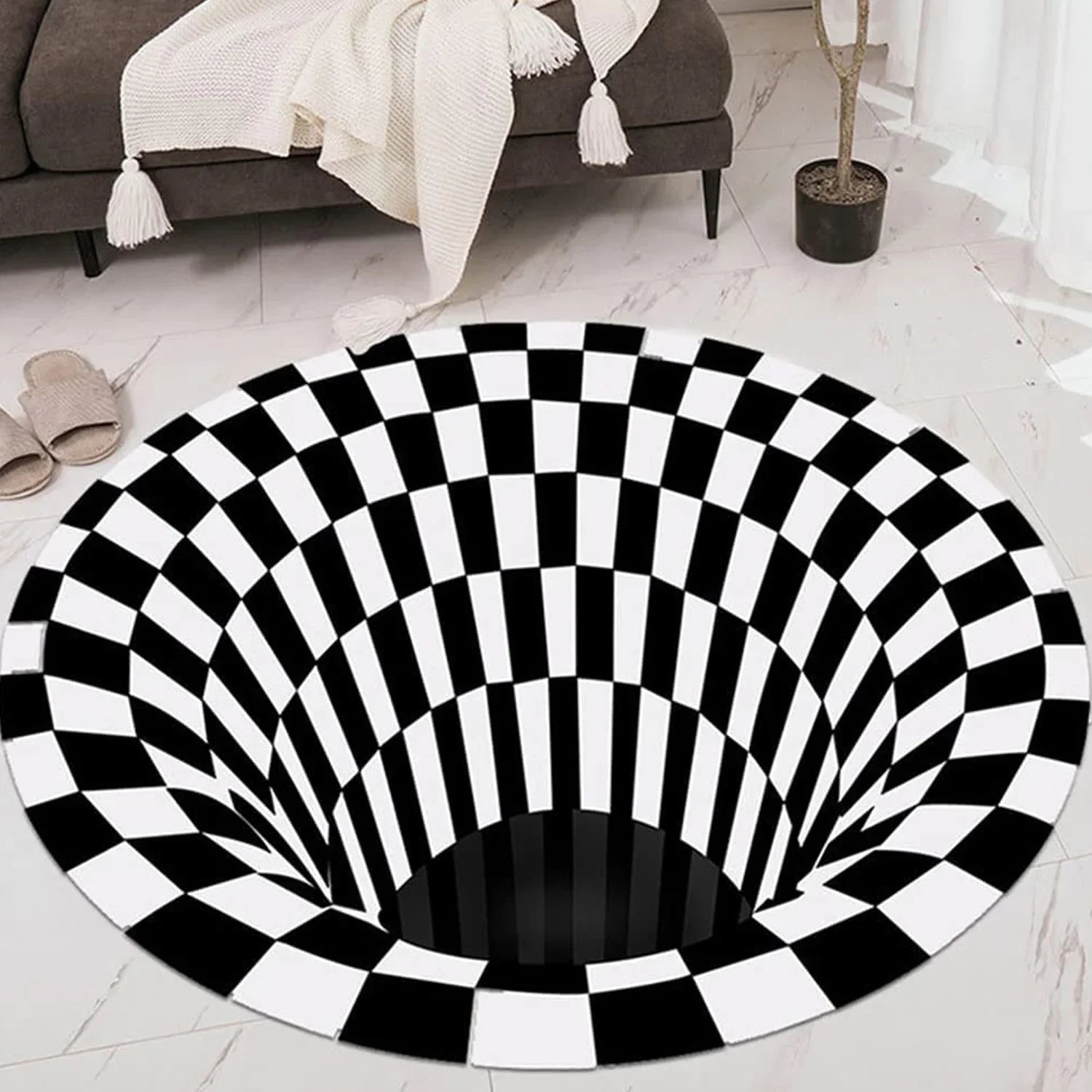3d Illusion Round Carpet Black White Checkered - Market FindsMarket Finds3d illusion round carpet with black and white checkerboard design creating a vortex effect
