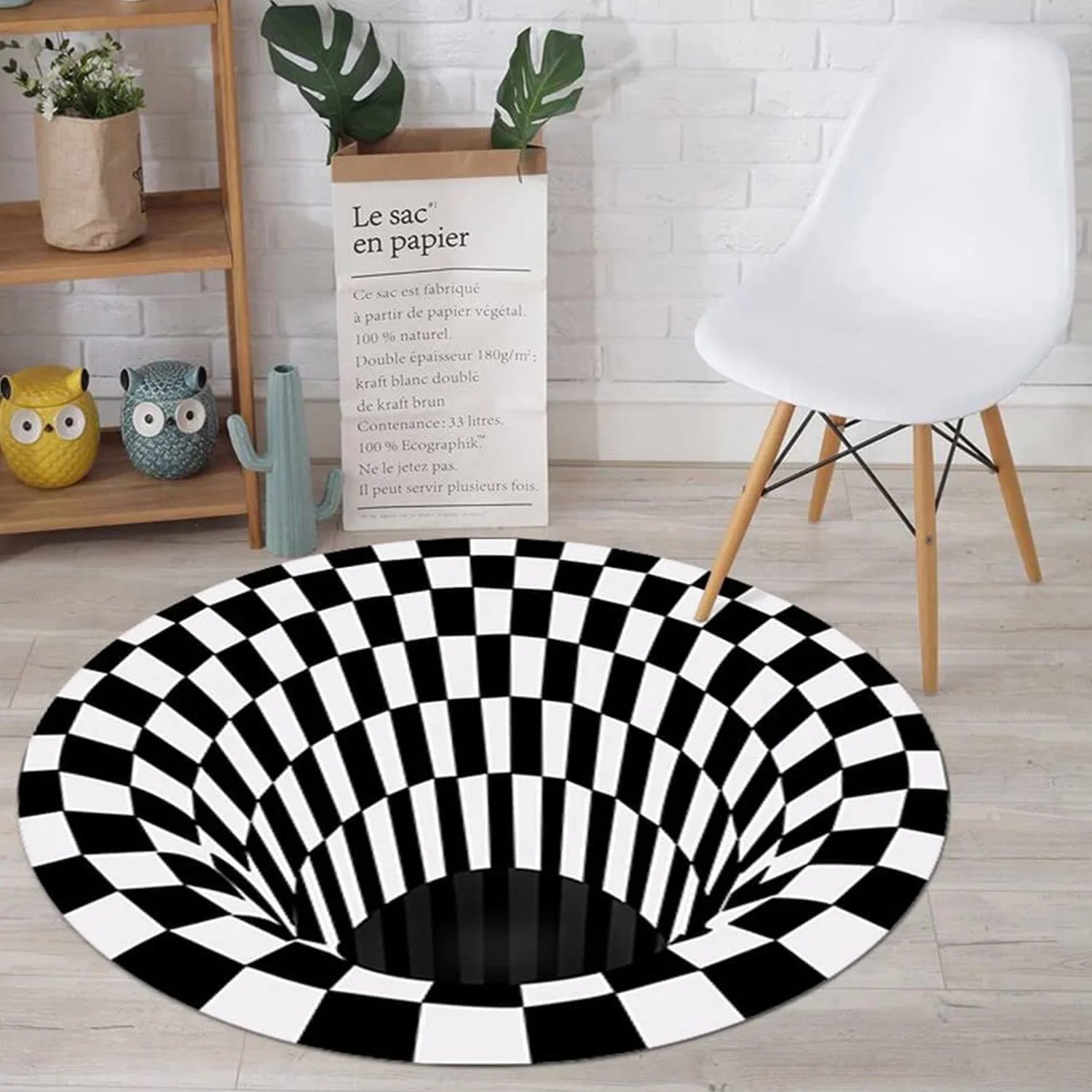 3d Illusion Round Carpet Black White Checkered - Market FindsMarket Finds3d illusion round carpet with black and white checkered design creating a vortex effect