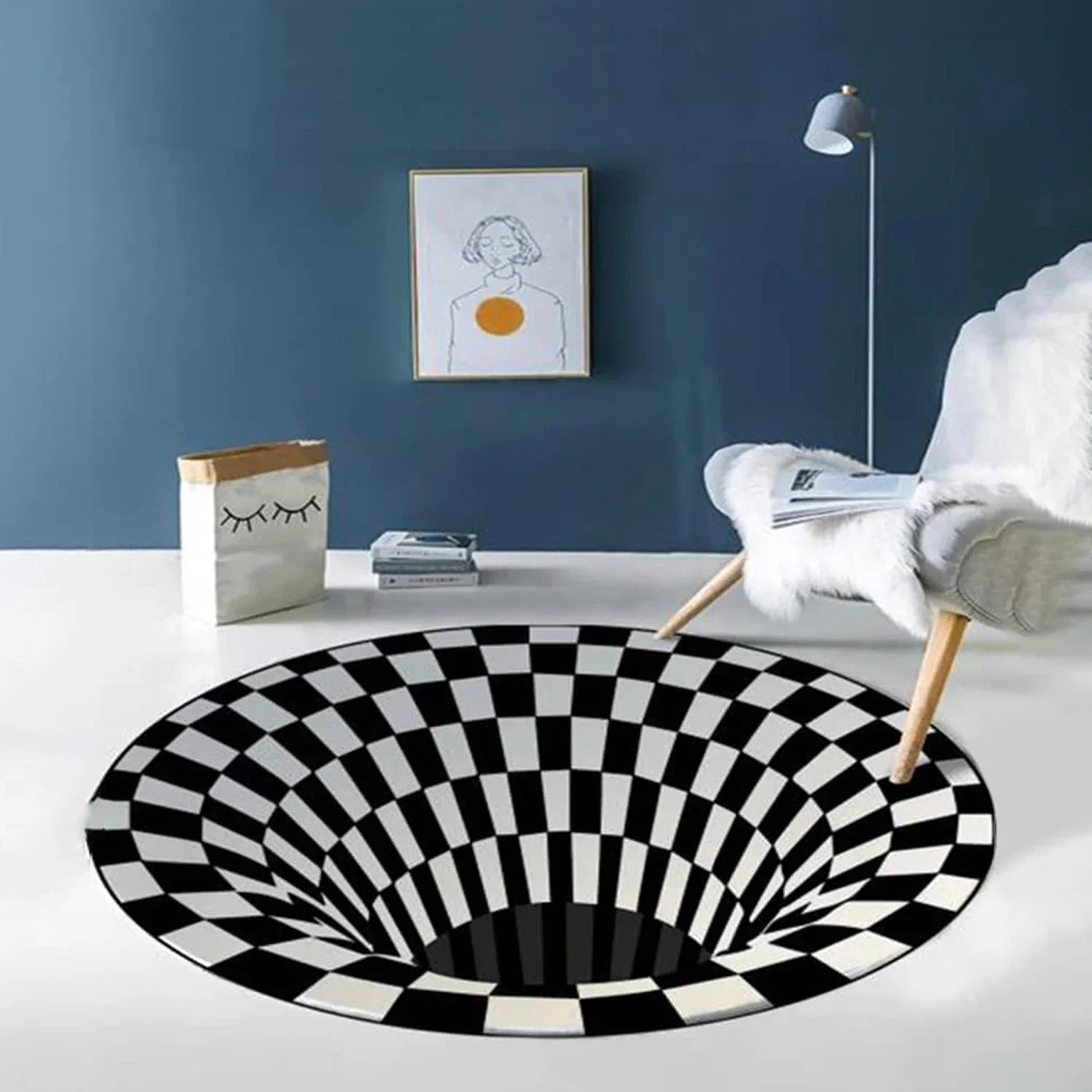 3d Illusion Round Carpet Black White Checkered - Market FindsMarket Finds3d illusion round carpet with black and white checkerboard pattern creating a vortex effect