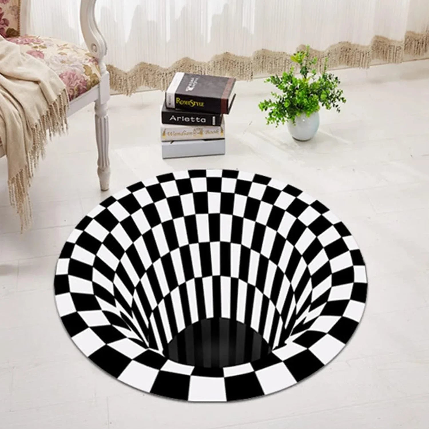 3d Illusion Round Carpet Black White Checkered - Market FindsMarket Finds3d illusion round carpet with black and white checkered vortex design in a bright room