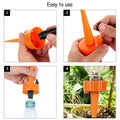 Step-by-step instructions for using Wukusy automatic plant watering spikes with orange spike inserted into water bottle and plant pot