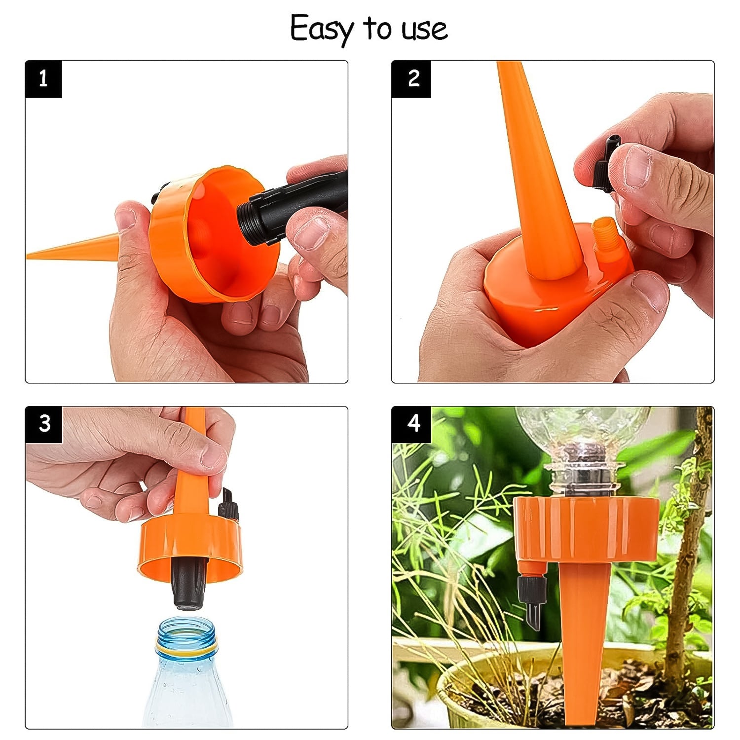Step-by-step instructions for using Wukusy automatic plant watering spikes with orange spike inserted into water bottle and plant pot