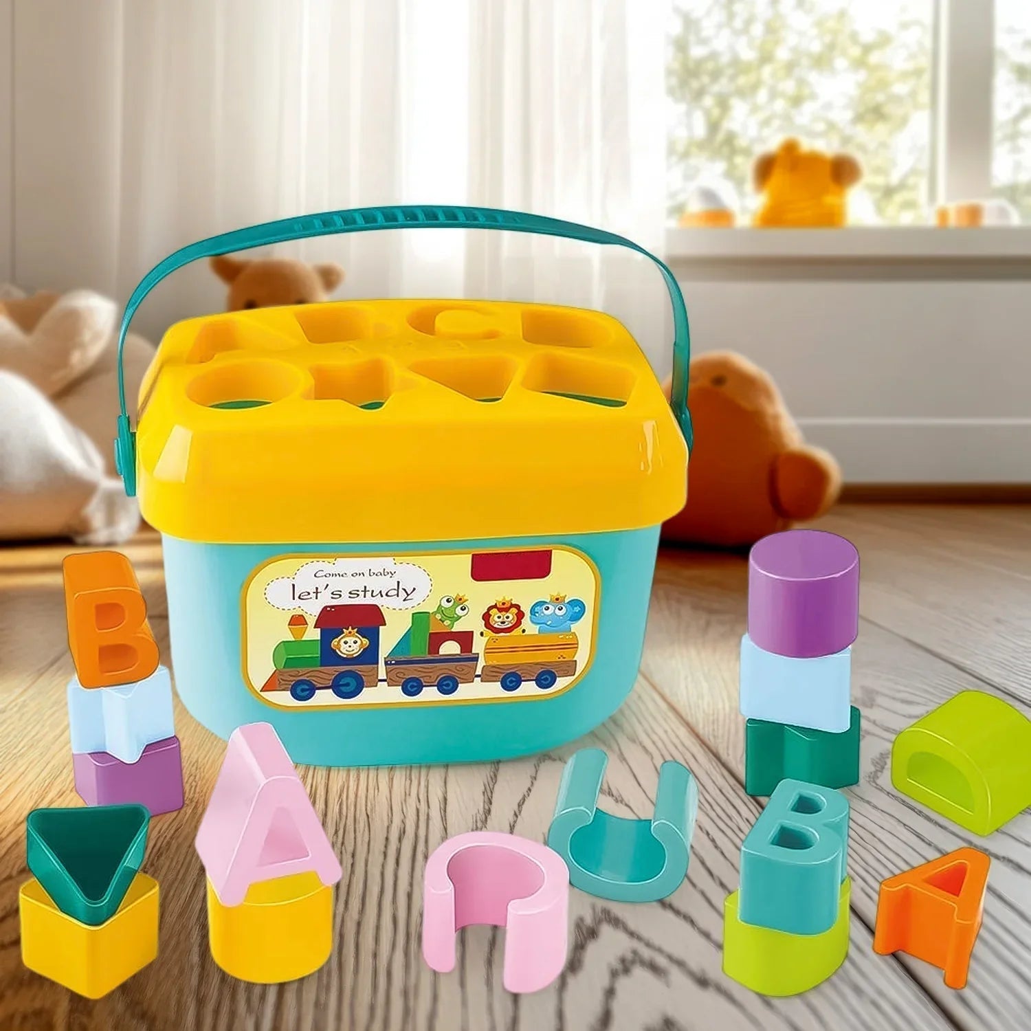 Baby Shape Sorter Block Set with Carry Handle - Market FindsMarket Findsbaby shape sorter block set with colorful letter and shape blocks in a blue and yellow carrying case