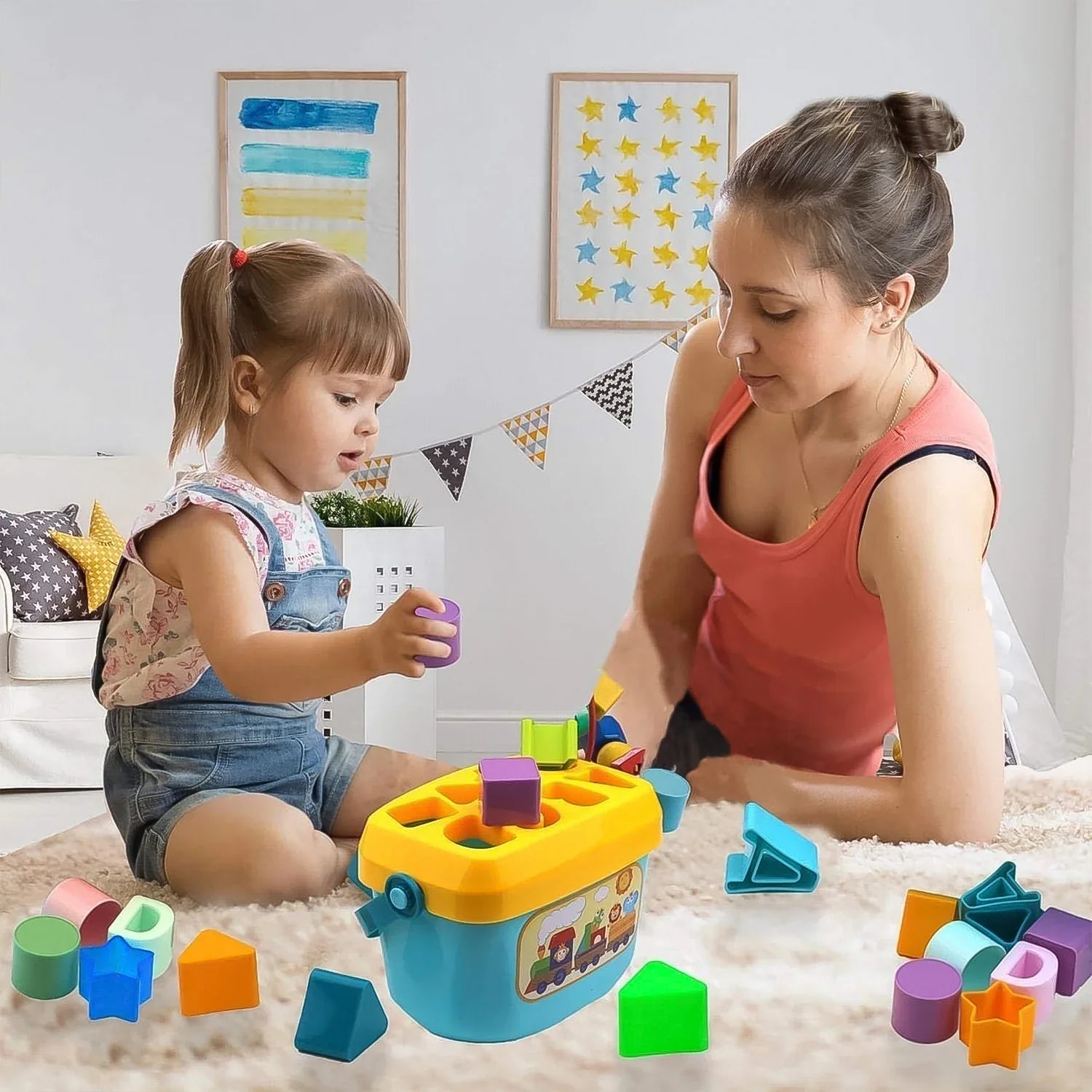 Baby Shape Sorter Block Set with Carry Handle - Market FindsMarket Findsbaby shape sorter block set with colorful geometric pieces played by toddler and mother