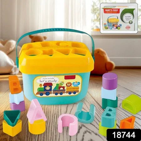 Baby Shape Sorter Block Set with Carry Handle - Market FindsMarket Findsbaby shape sorter block set with colorful geometric shapes and yellow lid container
