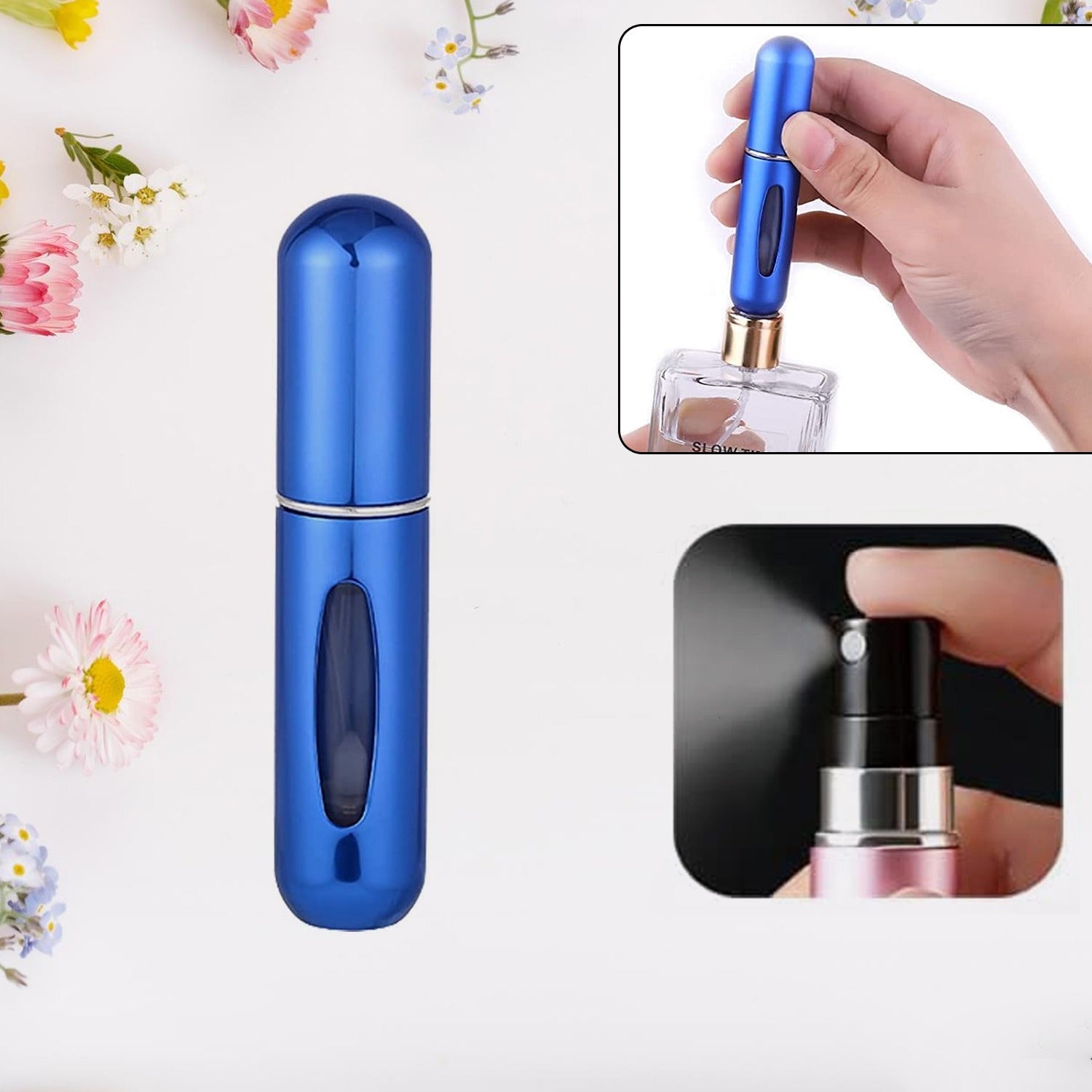 Blue Wukusy mini refillable perfume spray bottle shown with close-ups demonstrating easy refill and spray use