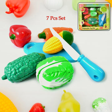 Wukusy realistic play food set with 7 colorful plastic vegetables and a play knife on a cutting board