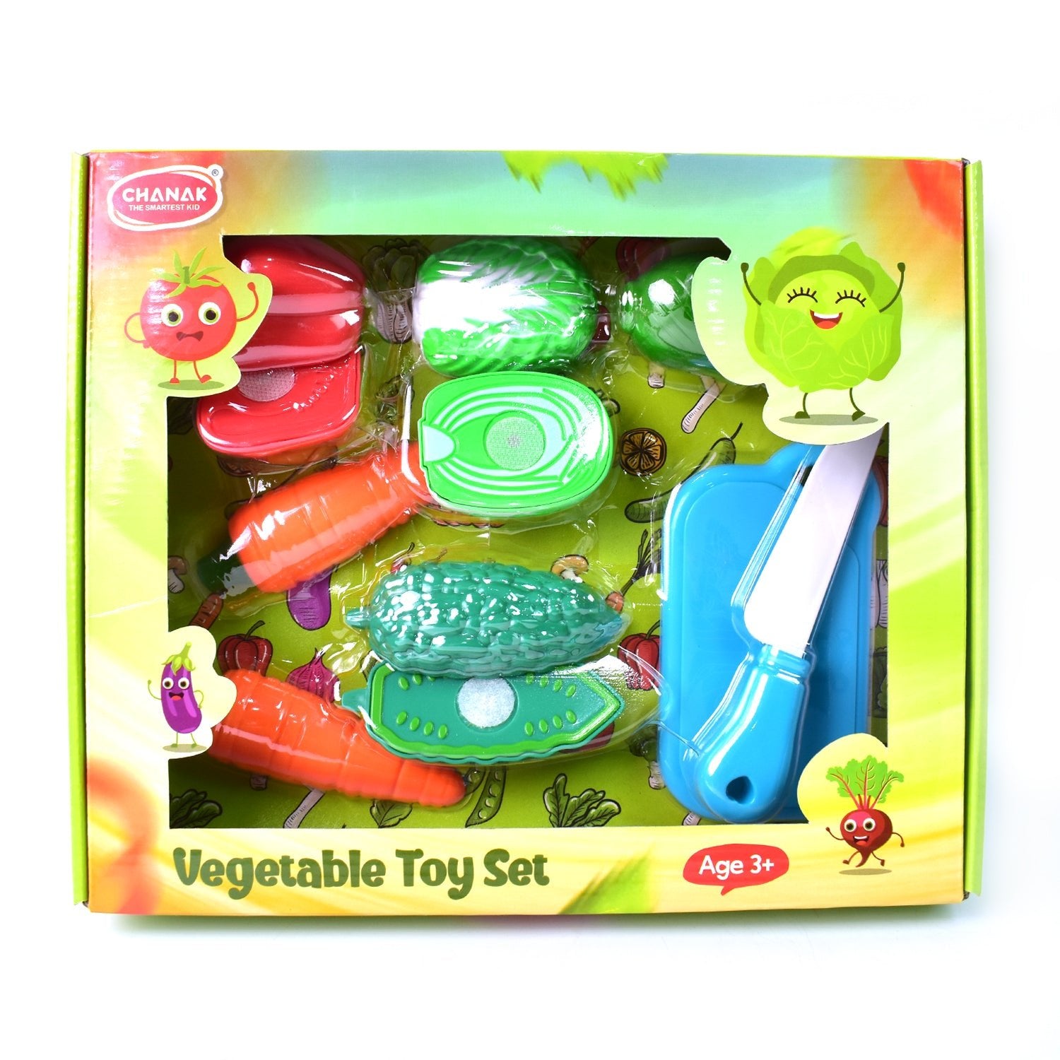 Wukusy realistic play food set featuring plastic vegetables and a blue knife for kids aged 3 and up