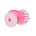 Wukusy pink cleaning brush with soap dispenser and white bristles for efficient kitchen cleaning