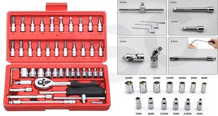 Wukusy combination repair tool set in red case with various screwdriver bits ratchet wrench and sockets