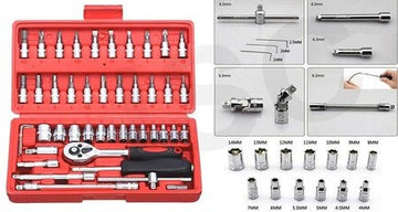 Wukusy combination repair tool set in red case with various screwdriver bits ratchet wrench and sockets