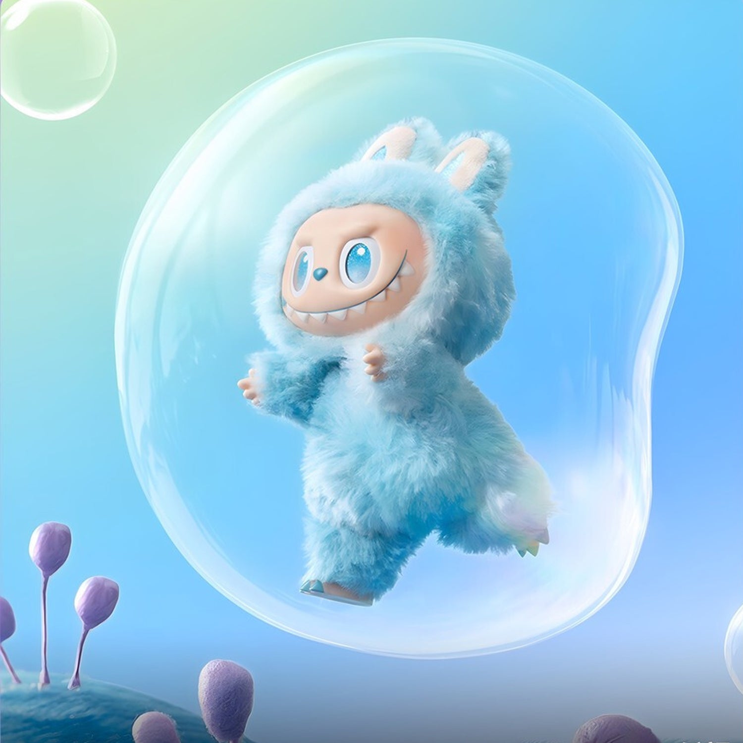 Cute cartoon keychain with hook featuring a blue fluffy character inside a bubble