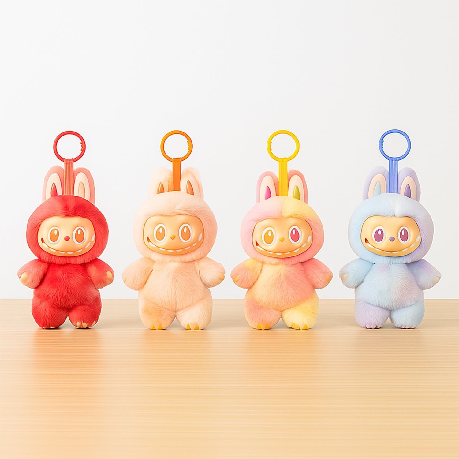 Wukusy cute cartoon keychain with hook in red peach pink and blue plush designs displayed on wooden surface