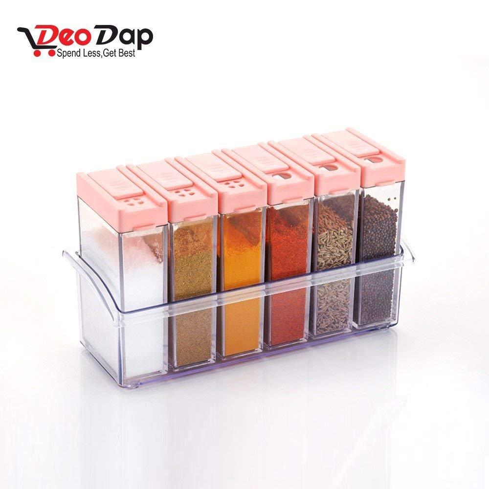 Wukusy plastic spice jar set with six clear containers and pink lids in a transparent holder