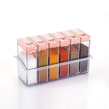 Wukusy plastic spice jar set with pink lids and clear containers in a transparent holder
