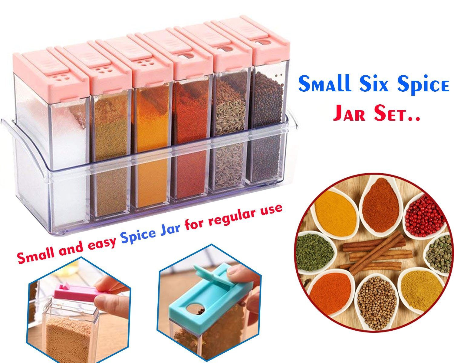 Wukusy plastic spice jar set with six clear containers and pink lids with shaker and pour options