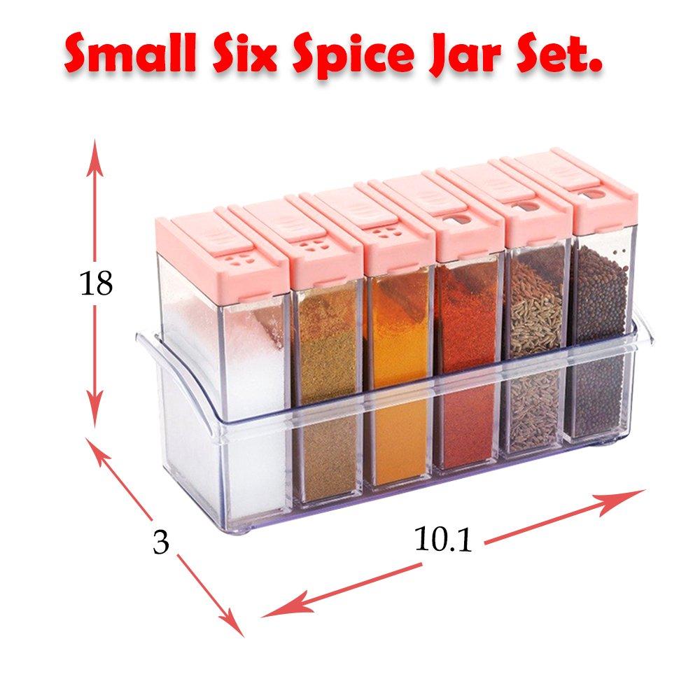 Wukusy plastic spice jar set with six small clear containers and pink lids in a clear tray