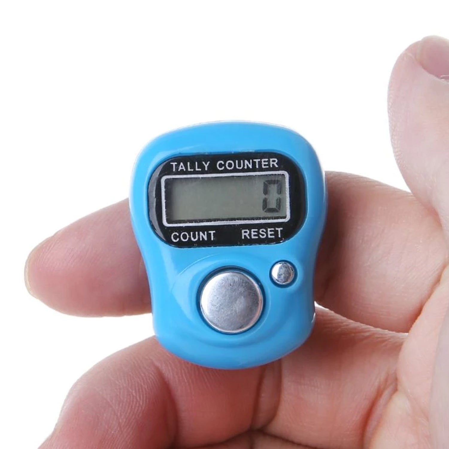 Wukusy digital finger tally counter in blue held between thumb and finger with clear LCD display