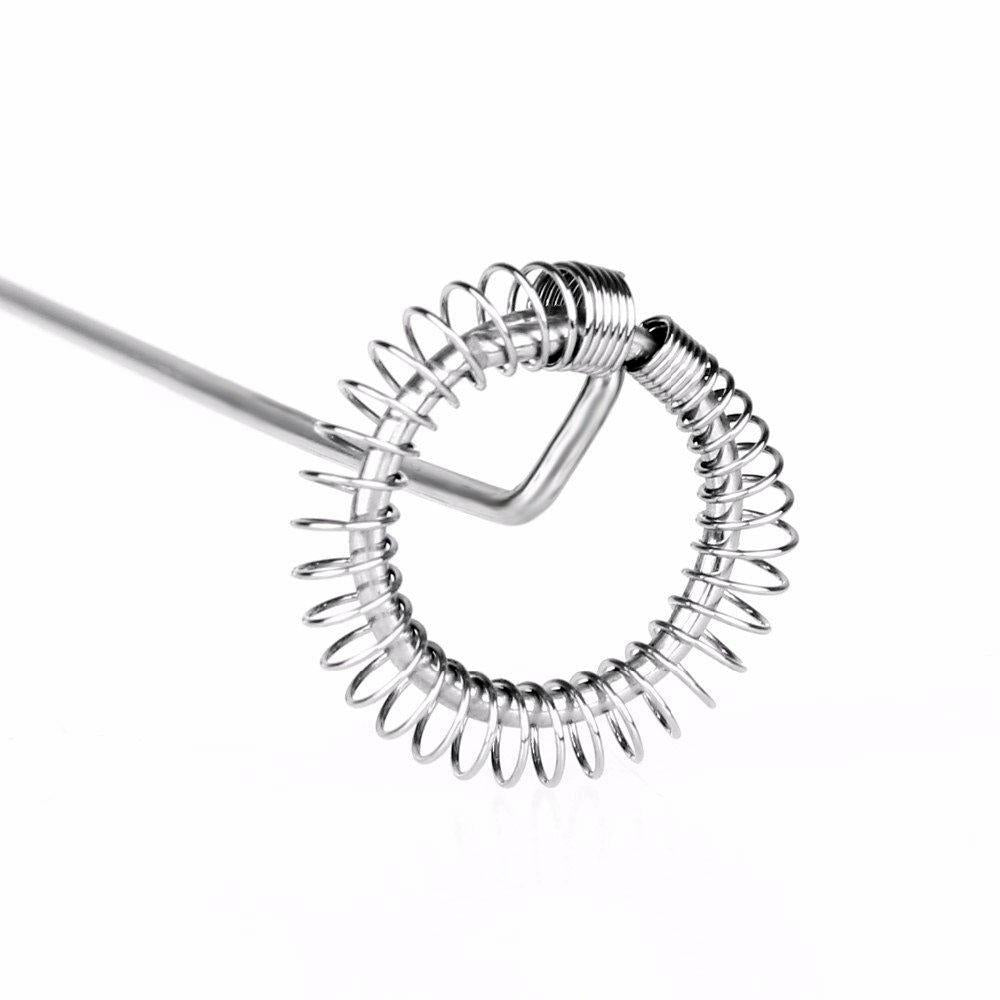 Electric Handheld Milk Frother with Steel Whisk - Market FindsMarket Findselectric handheld milk frother stainless steel spiral whisk attachment close up