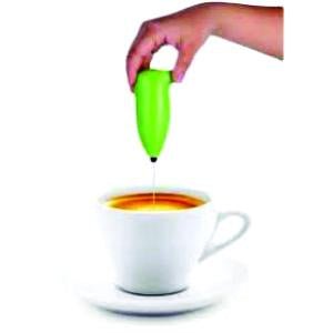 Electric Handheld Milk Frother with Steel Whisk - Market FindsMarket Findselectric handheld milk frother in green mixing foam into a cup of coffee