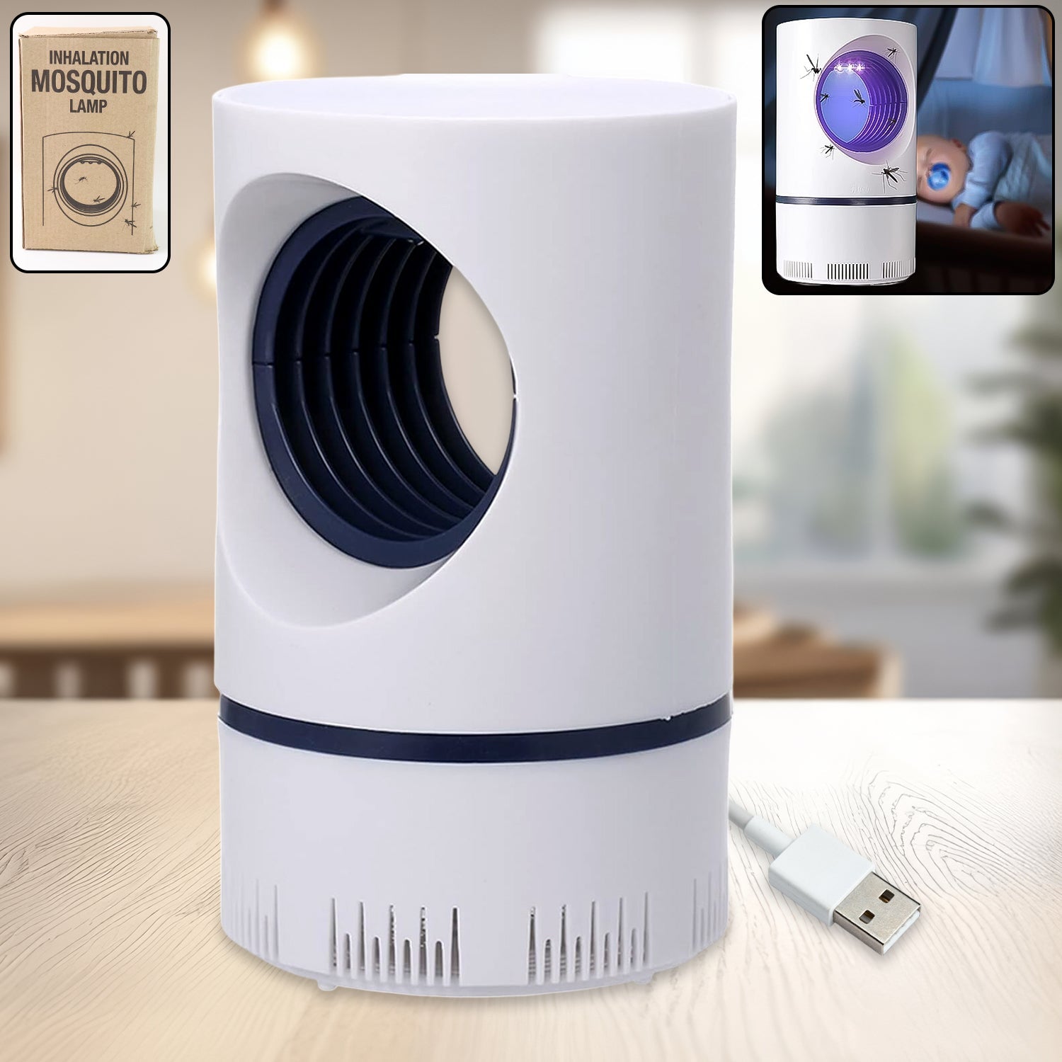 Wukusy electric mosquito killer machine with USB power cable on wooden table for indoor use