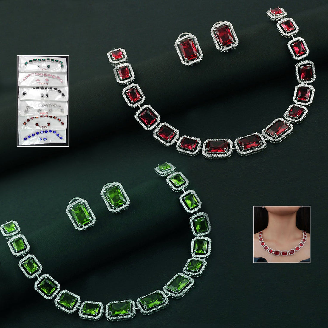 Wukusy bracelets set with matching red and green diamond necklace and earrings set options