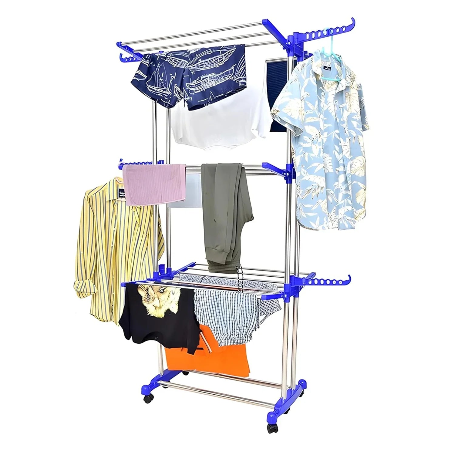 Foldable Laundry Drying Stand with Wheels - Market FindsMarket Findsfoldable laundry drying stand with multiple tiers and blue accents holding various clothes