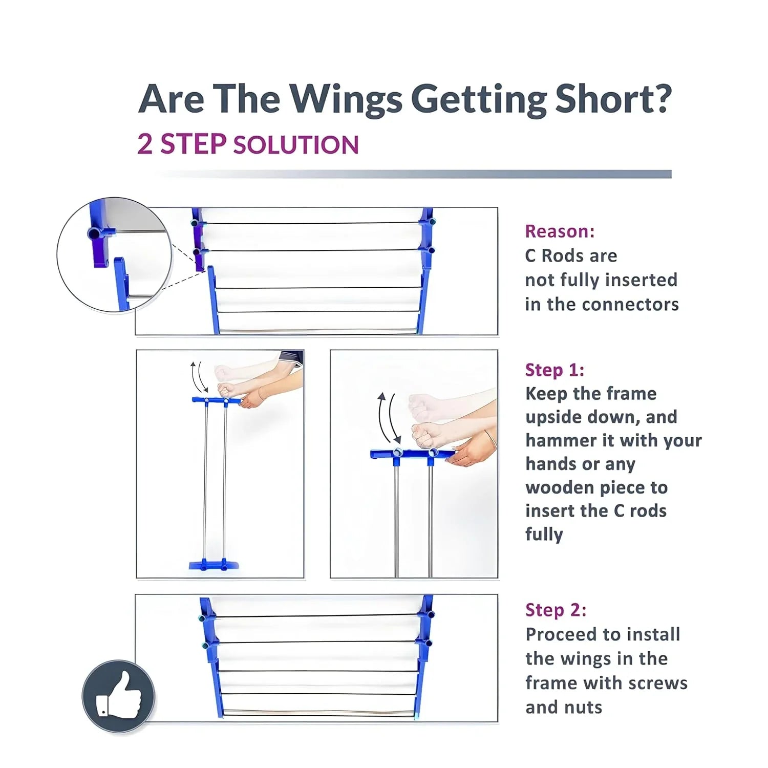 Foldable Laundry Drying Stand with Wheels - Market FindsMarket FindsInstructions showing how to fix wings on Wukusy foldable laundry drying stand with step by step C rods installation