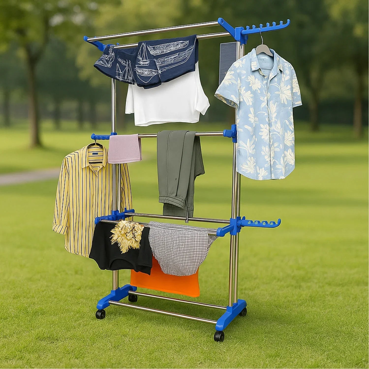 Foldable Laundry Drying Stand with Wheels - Market FindsMarket Findsfoldable laundry drying stand with multiple tiers holding various clothes outdoors