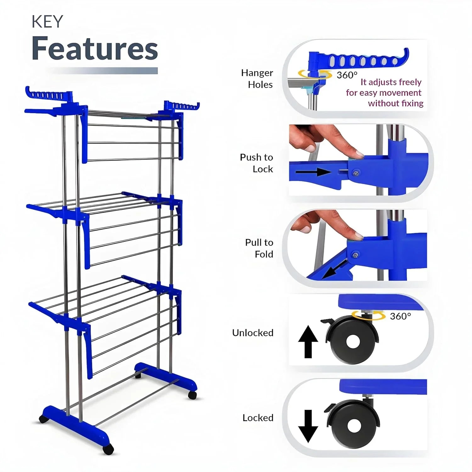 Foldable Laundry Drying Stand with Wheels - Market FindsMarket Findsfoldable laundry drying stand with adjustable hanger holes and locking wheels for easy movement