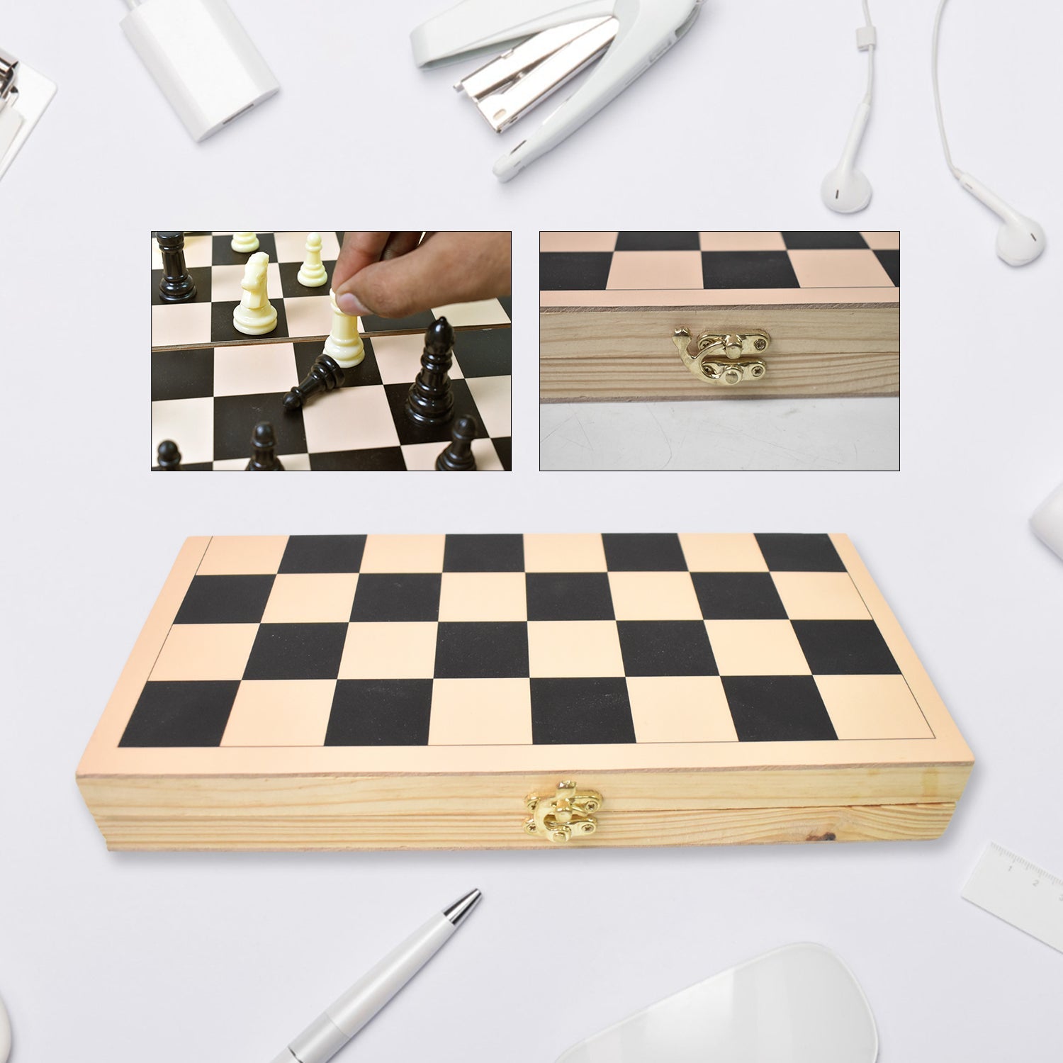 Wukusy folding wooden chess board with black and white squares and storage clasp closed and open