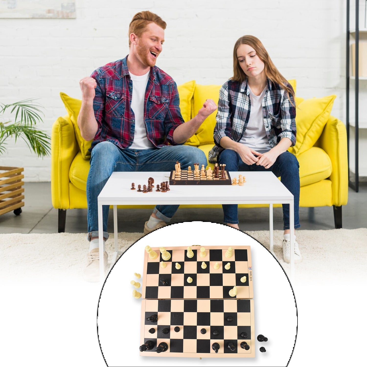 Wukusy folding wooden chess board in use by two adults playing chess on white table indoors