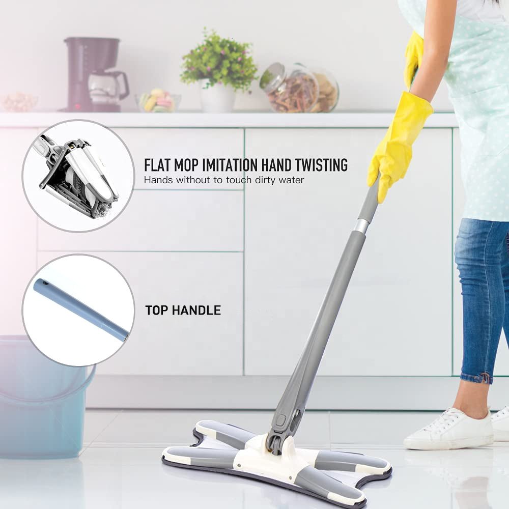 Wukusy hands-free squeeze mop with flat mop head and top handle for easy cleaning without touching dirty water