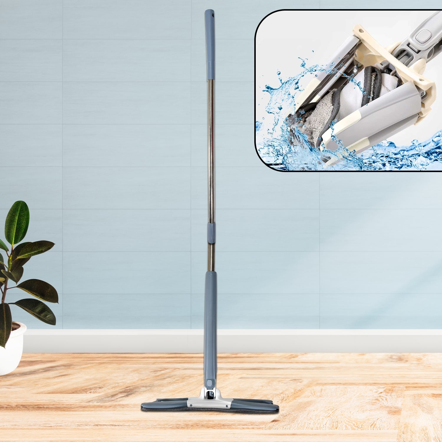 Wukusy hands-free squeeze mop with grey handle and flat mop head on wooden floor