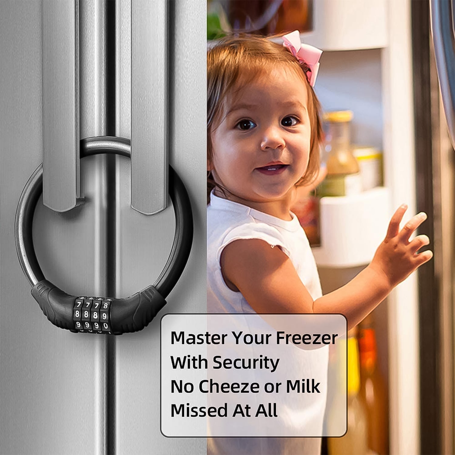 Wukusy heavy duty bike cable lock securing freezer doors to prevent children from opening