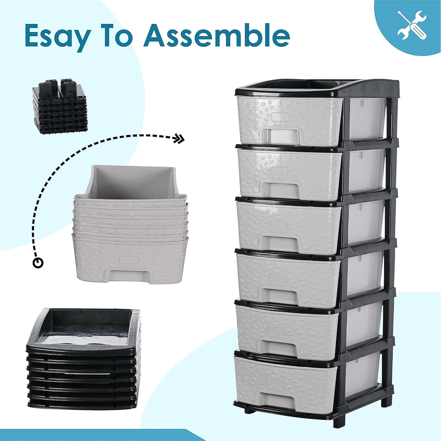 Wukusy heavy duty plastic drawer cabinet with five stackable gray and black drawers for home improvement
