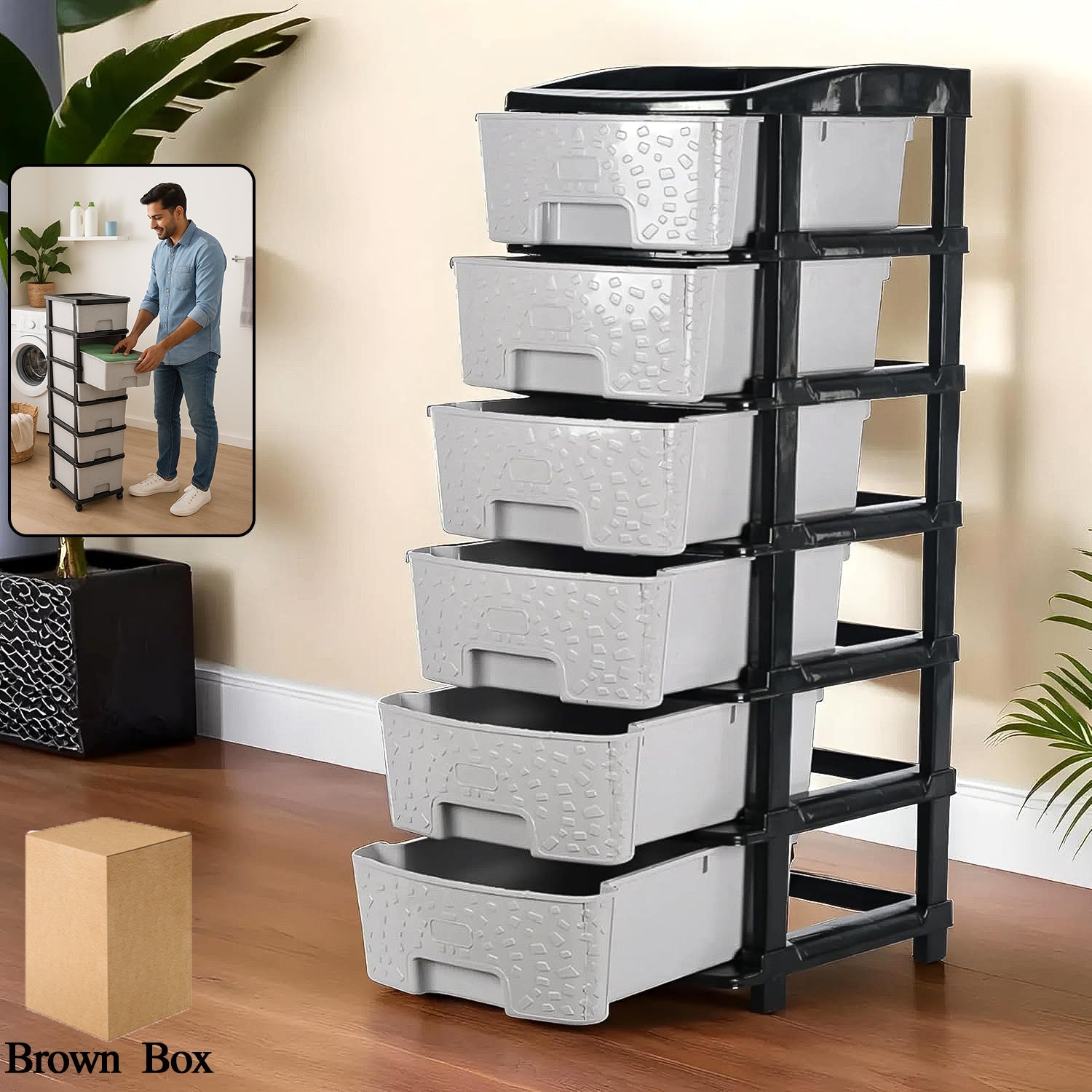 Wukusy heavy duty plastic drawer cabinet with six grey drawers and black frame for home organization