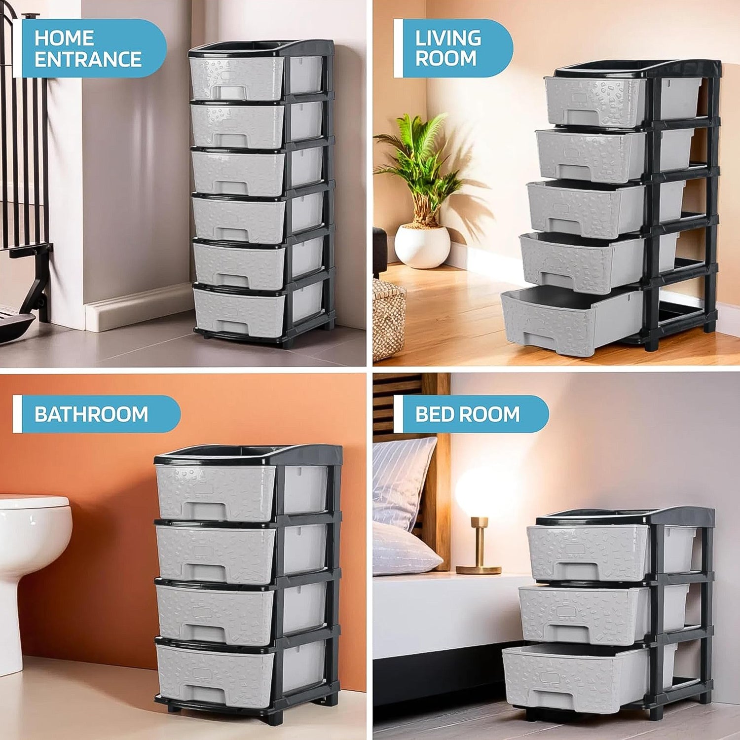 Wukusy heavy duty plastic drawer cabinet with four gray drawers displayed in home entrance living room bathroom and bedroom
