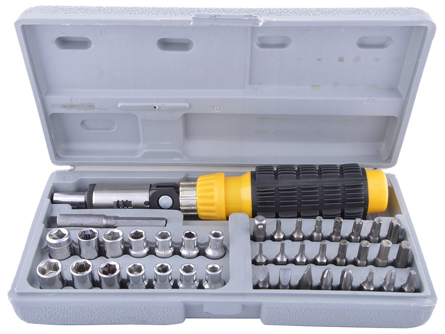 Wukusy screwdriver bit set with accessories including a yellow and black handle and various metal bits in a gray case