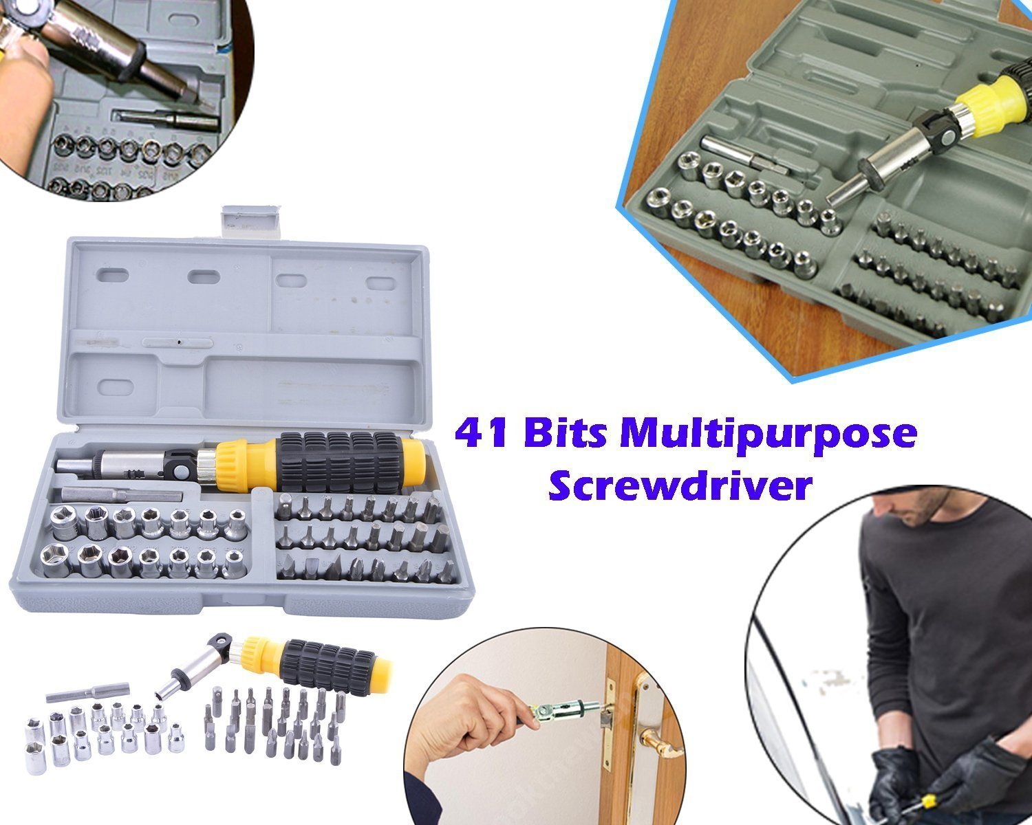 Wukusy screwdriver bit set with accessories including 41 multipurpose bits and a yellow black handle in gray case