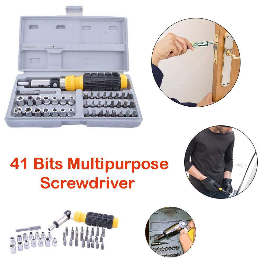 Wukusy screwdriver bit set with accessories featuring 41 multipurpose bits and a yellow black handle in a gray case