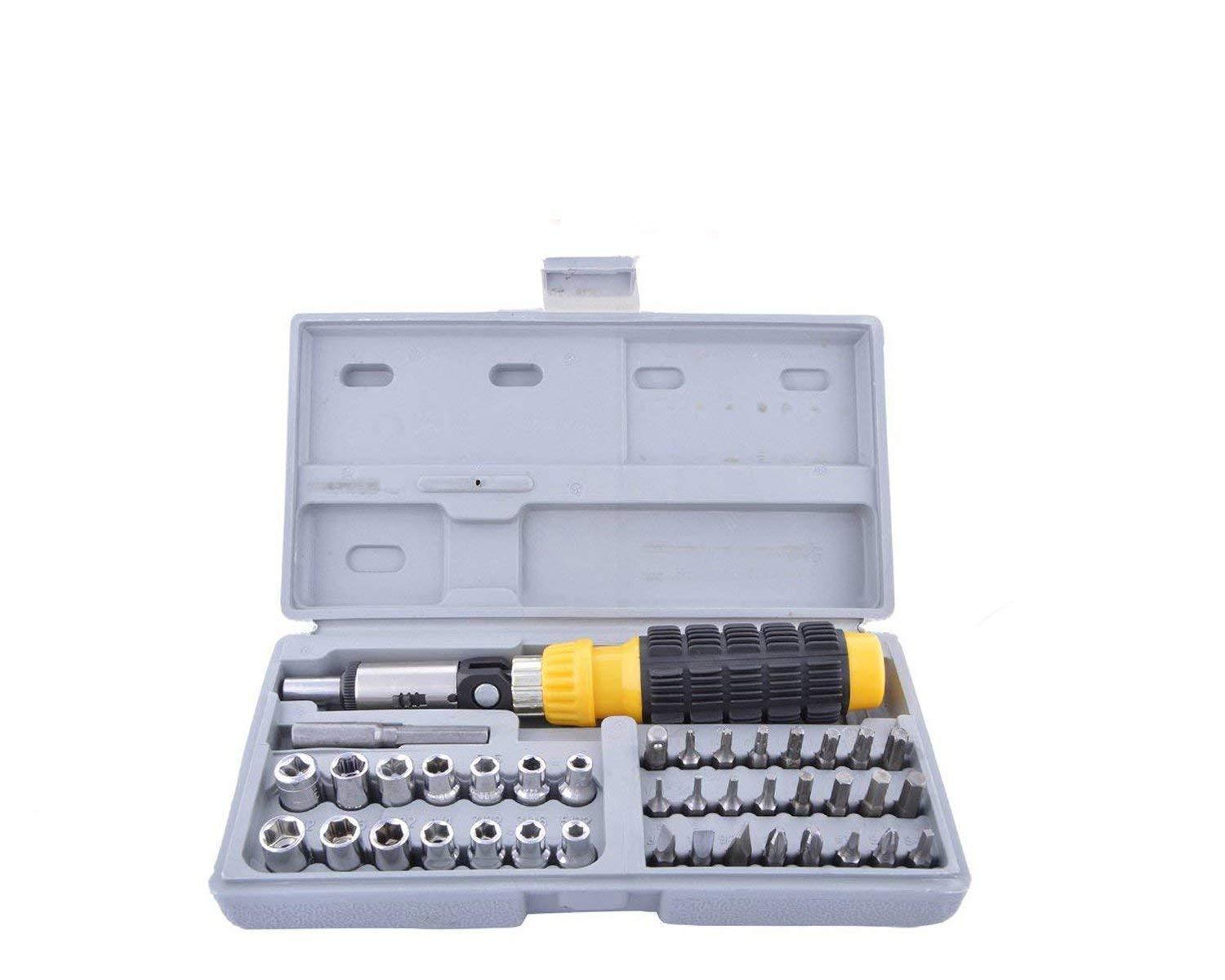 Wukusy screwdriver bit set with accessories in a gray plastic case including various bits and a yellow black handle