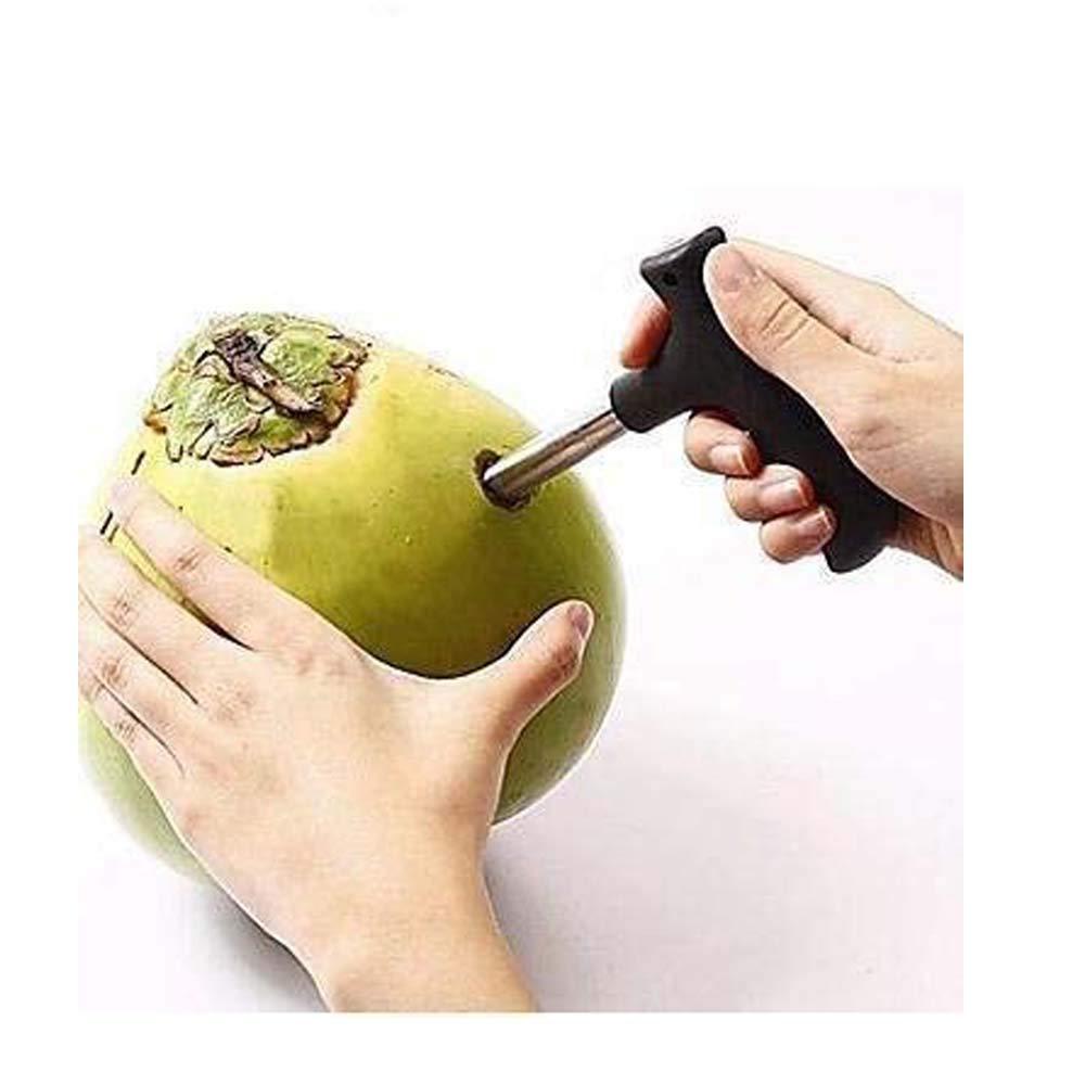 Wukusy stainless steel coconut opener piercing a green coconut with ergonomic black handle