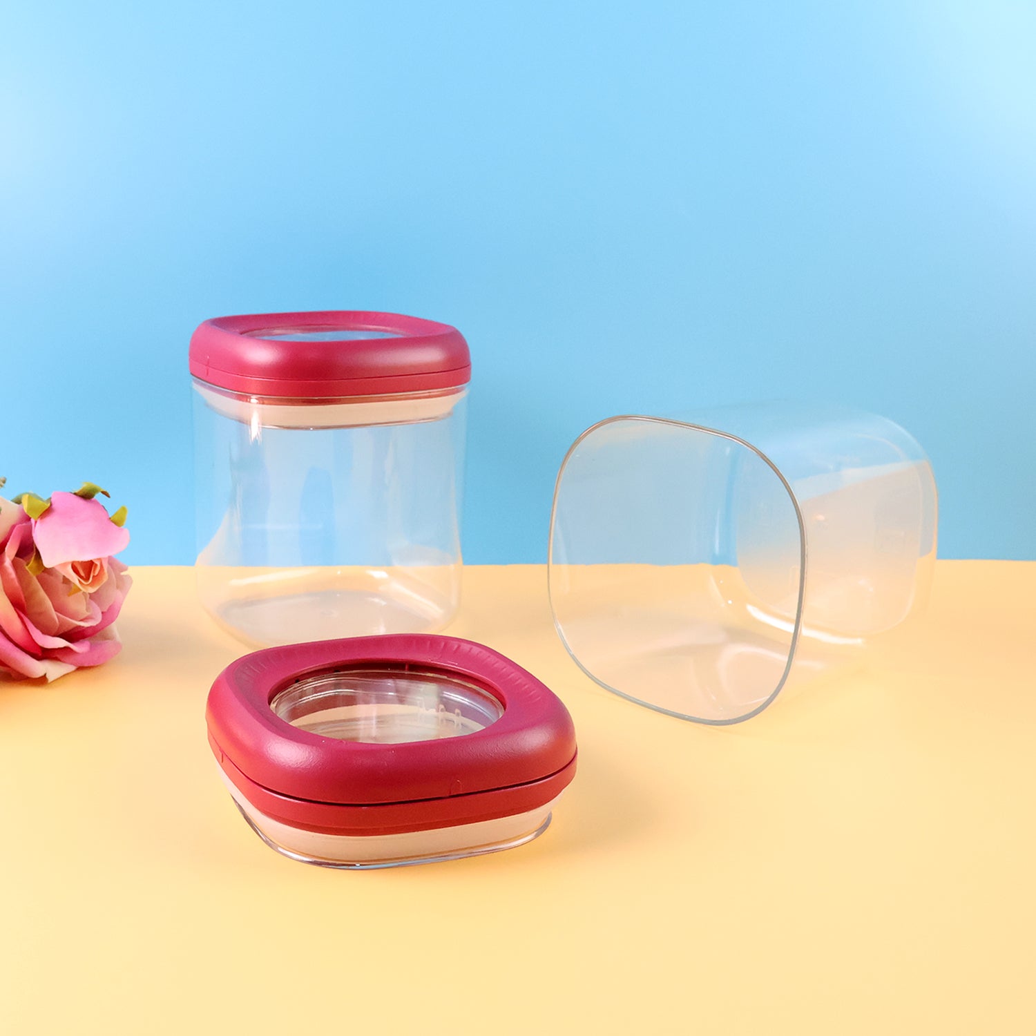 Wukusy transparent kitchen container set with red lids for food storage and organization