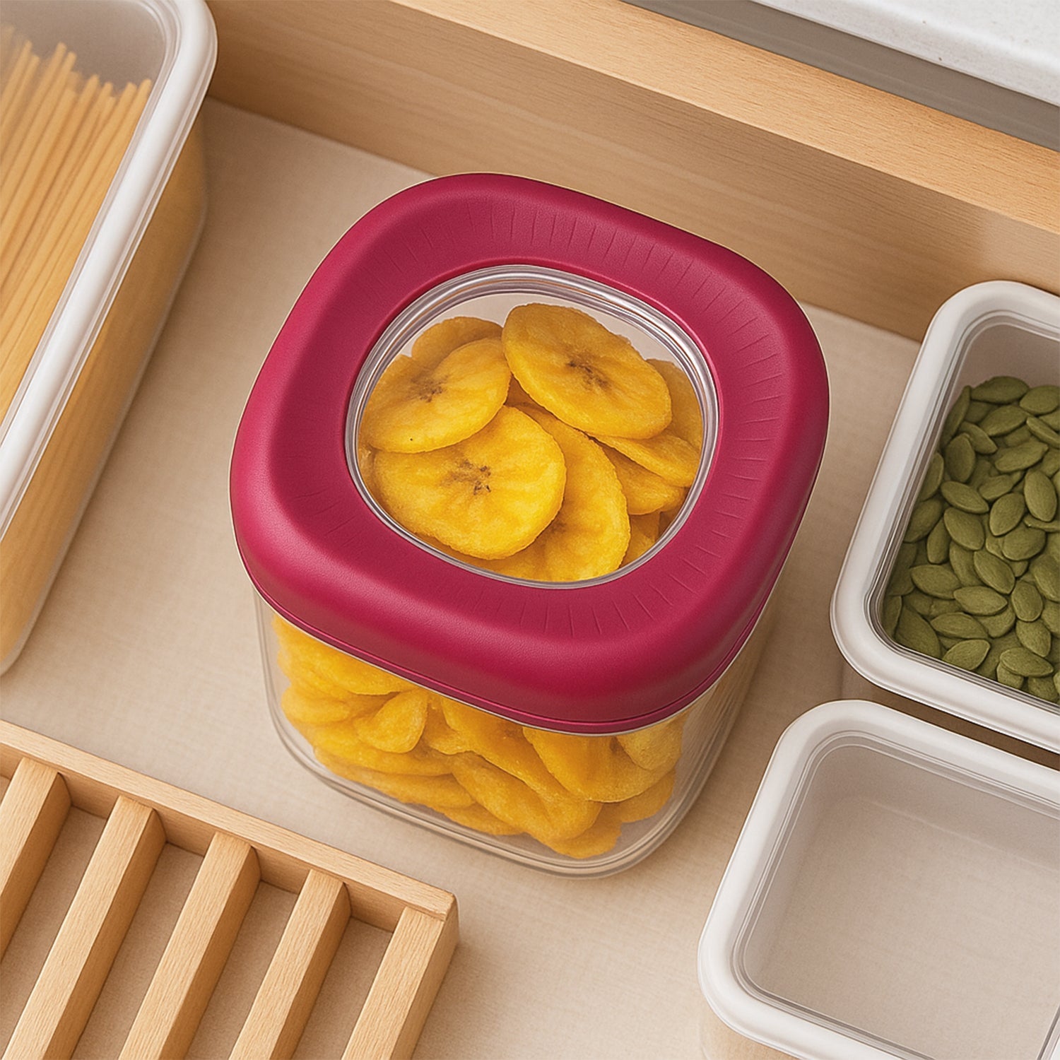 Wukusy transparent kitchen container set with red lid storing dried banana chips in a kitchen drawer
