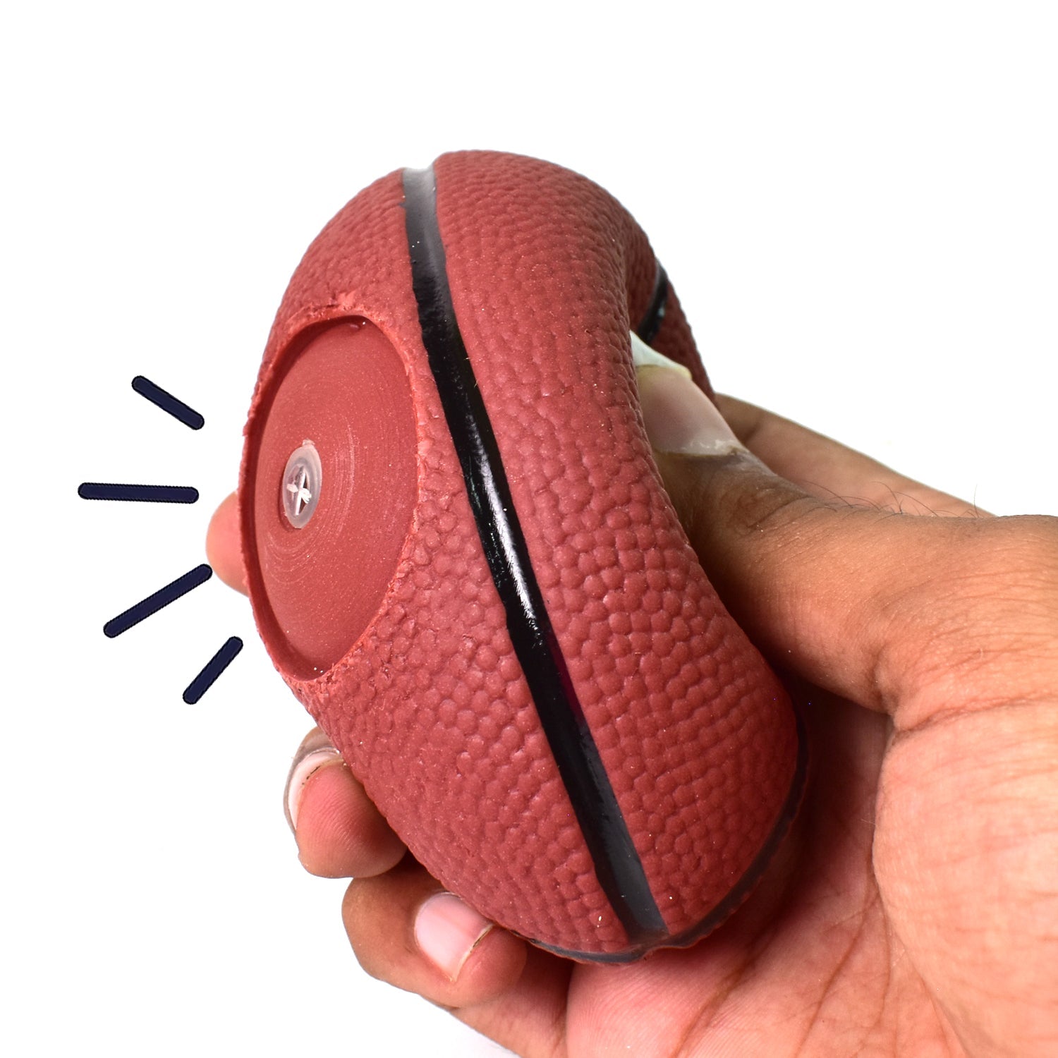 Wukusy sports squeeze balls for kids in red textured basketball design being squeezed by hand